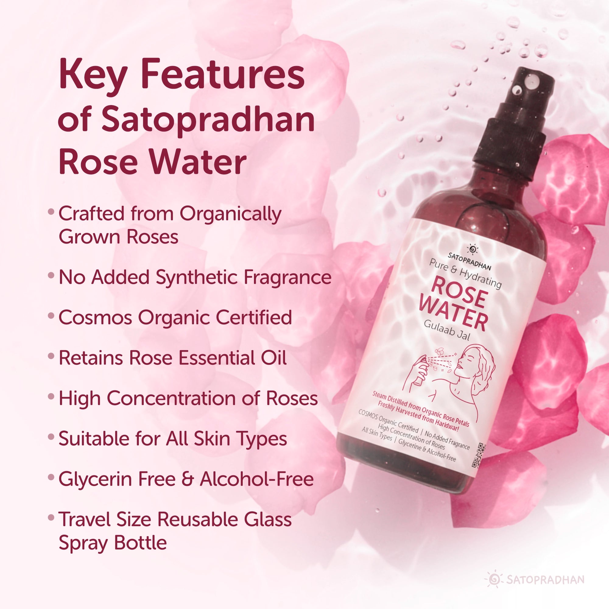 Pure Rose Water (Hydrosol) 100ml - Organic Rose Floral Water for Pore Reduction, Toning & Hydration - Facial Tonic Mist - Steam Distilled Rose Water Spray - Face Mist - Rose Hydrosol for Face - Gulab Jal for Sensitive Skin