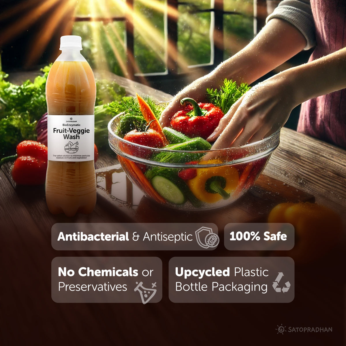 antibacterial, antiseptic, 100% safe, no chemicals or preservatives, upcycled plastic bottle packaging