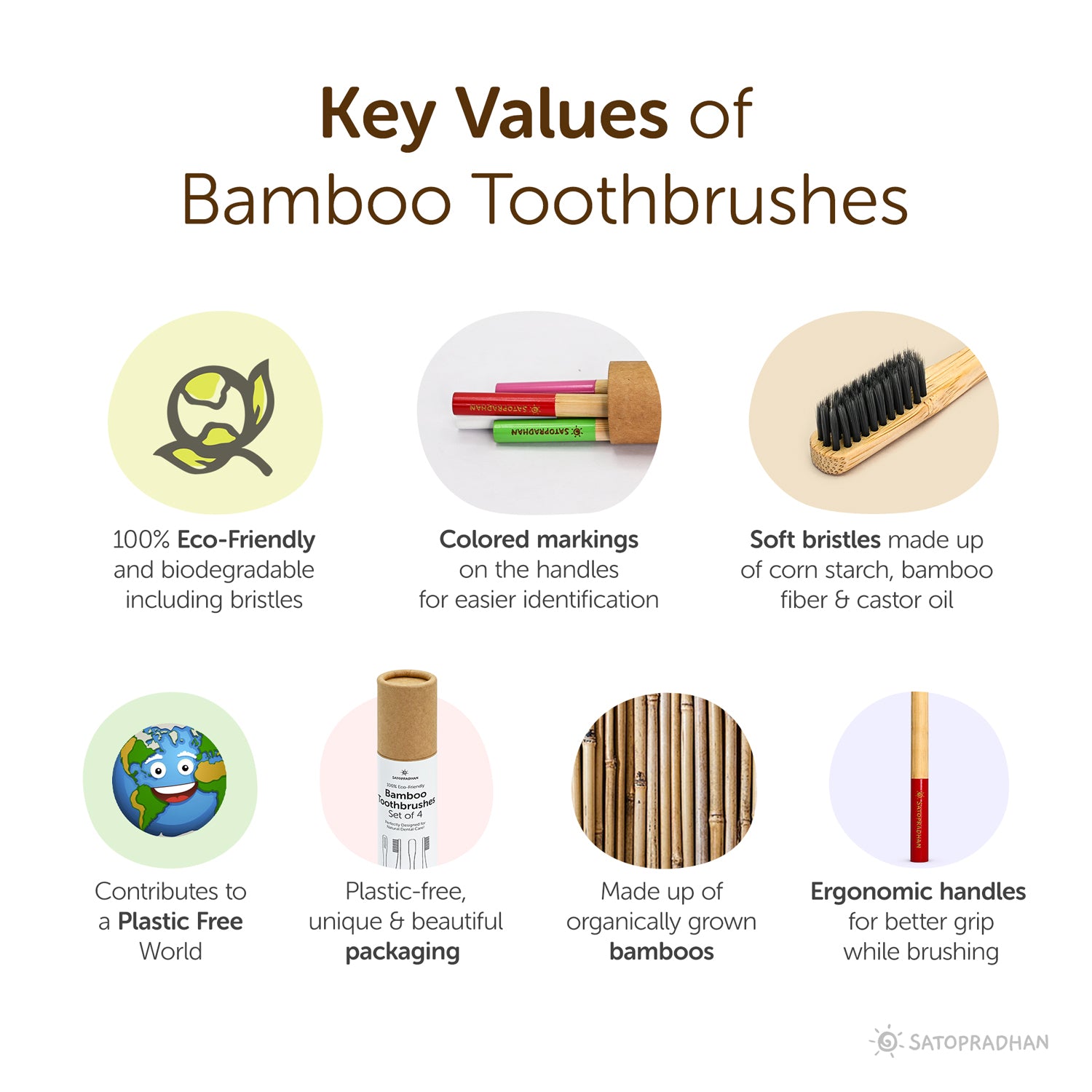 Toothbrushes - Set of 4 with Bamboo Handles & Biodegradable Bristles - Colored markings for easier identification