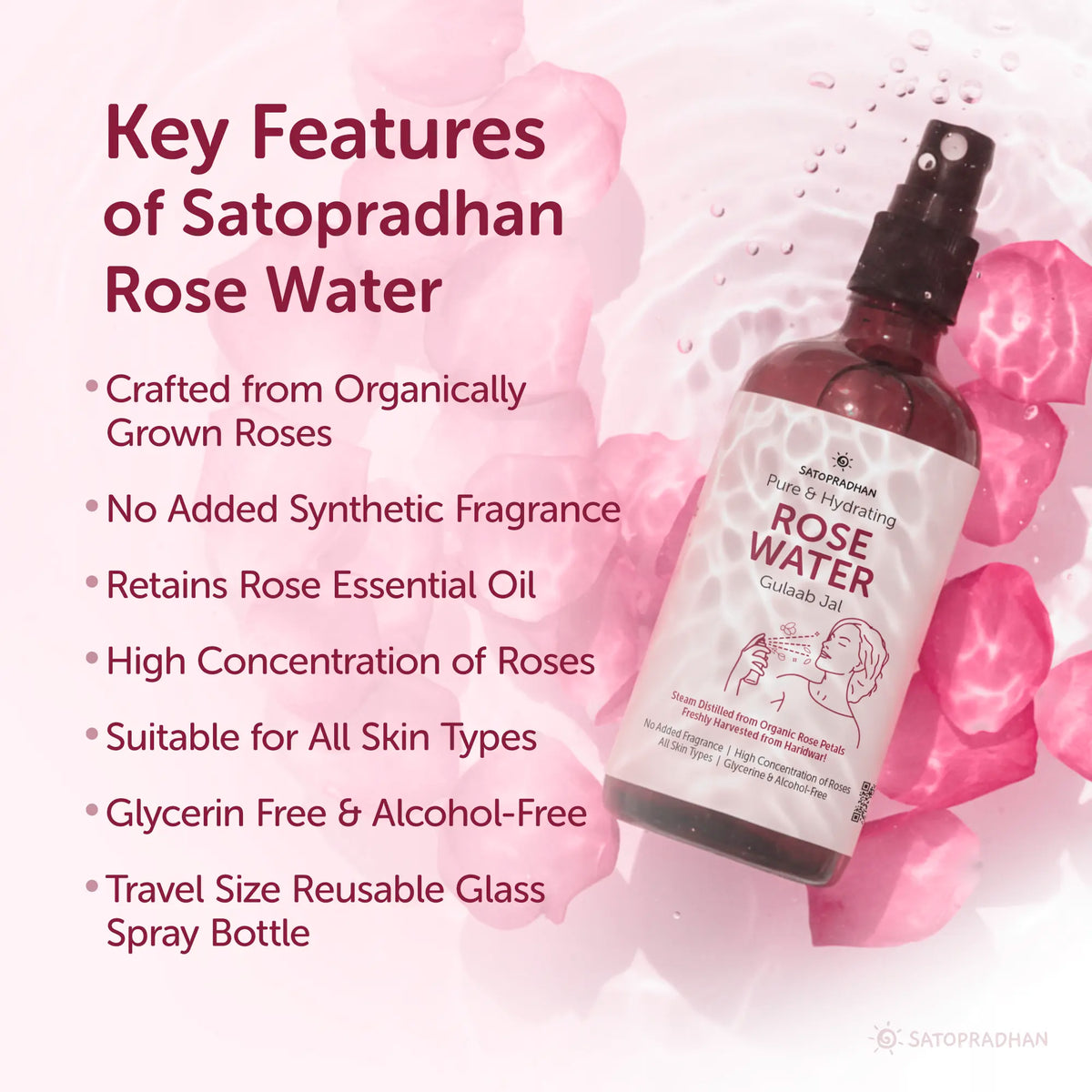 Pure Rose Water (Hydrosol) 100ml - Organic Rose Floral Water for Pore Reduction, Toning & Hydration - Facial Tonic Mist - Steam Distilled Rose Water Spray - Face Mist - Rose Hydrosol for Face - Gulab Jal for Sensitive Skin