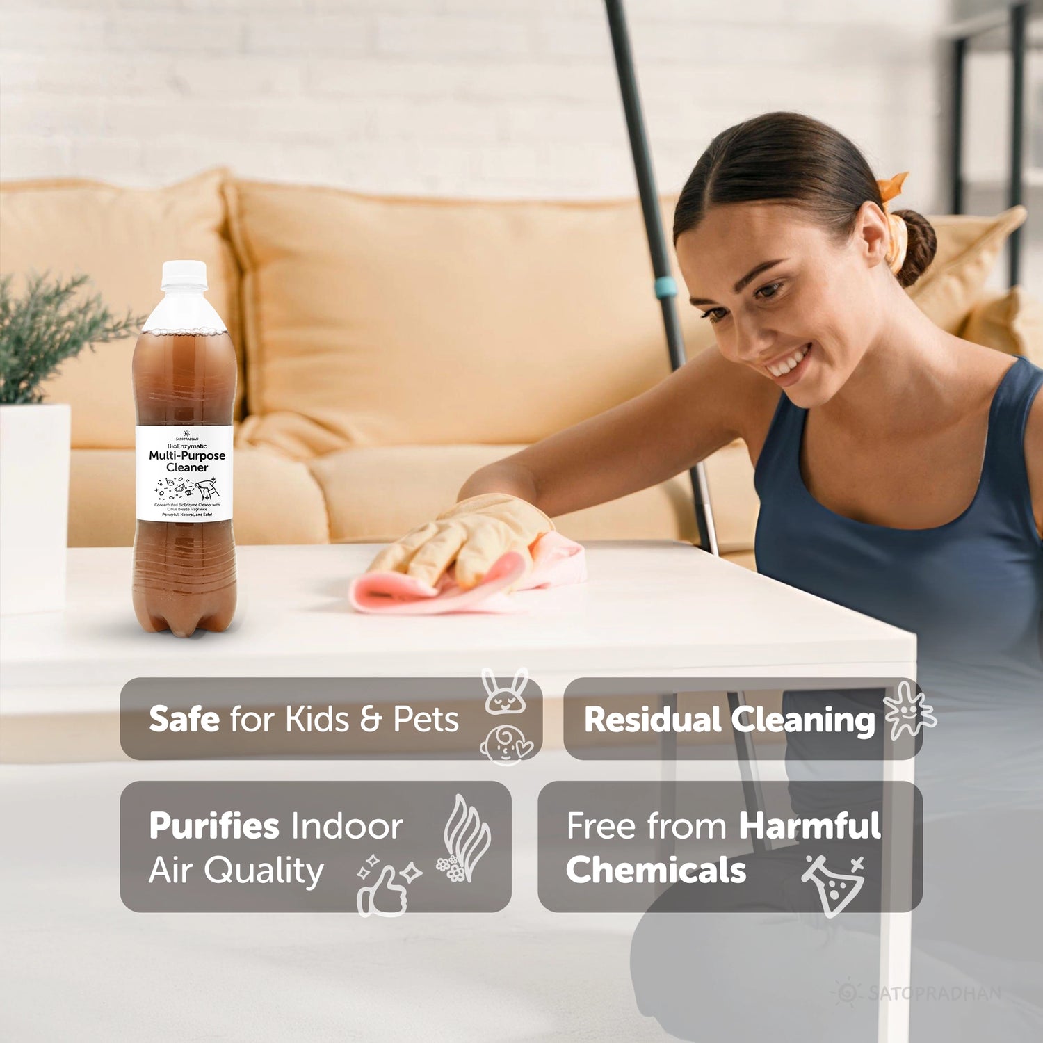 safe for kids and pets, residual cleaning, purifies indoor air quality, free from harmful chemicals