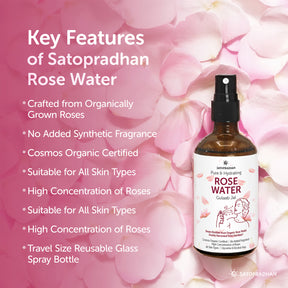 Key features of pure rose water: crafted from organically grown roses, no synthetic fragrance, COSMOS organic certified, high rose concentration, and reusable glass spray bottle.