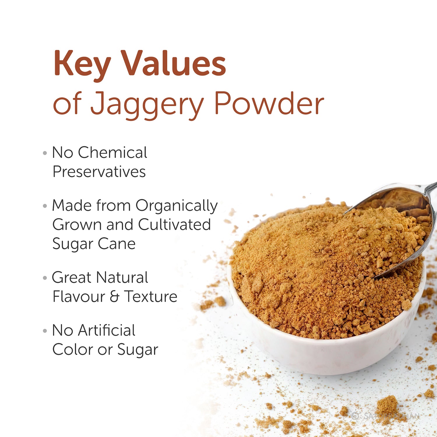 Jaggery Powder-  100% Organic, Natural &  Chemical-Free Desi Shakkar 800g/4.5kg - A Pure & Healthier Sugar Alternative - Dark Brown with Pleasant Flavour, Key Values, Benefits, Main Points, Features