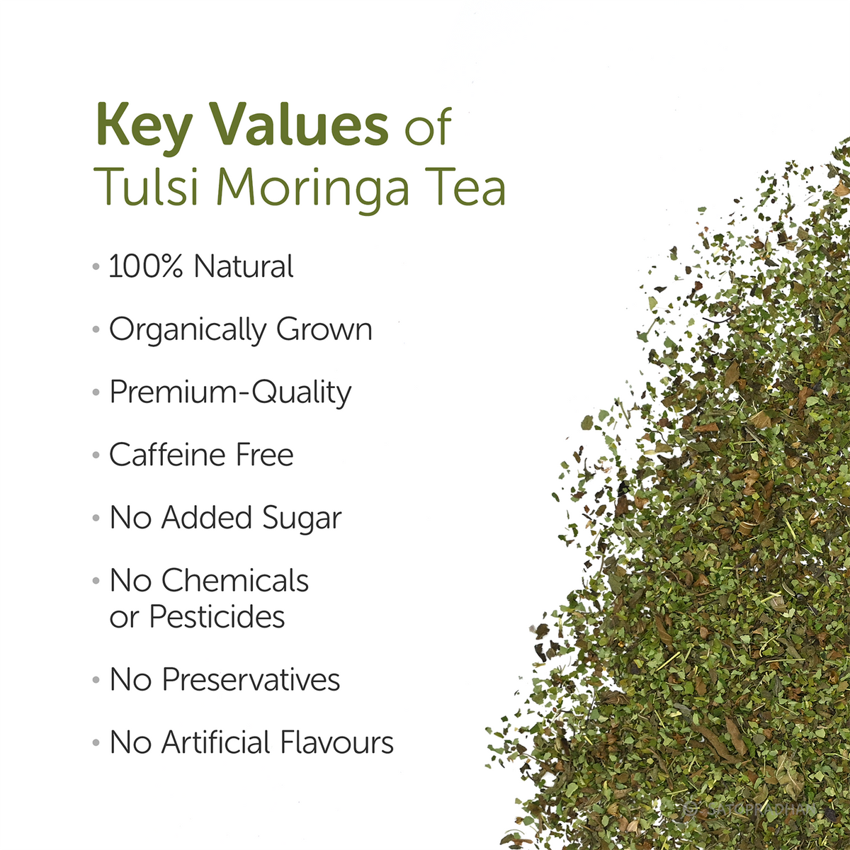 Key benefits of Tulsi Moringa Tea – 100% natural, organically grown, caffeine free, no added sugar, no chemicals or preservatives, premium-quality herbal tea