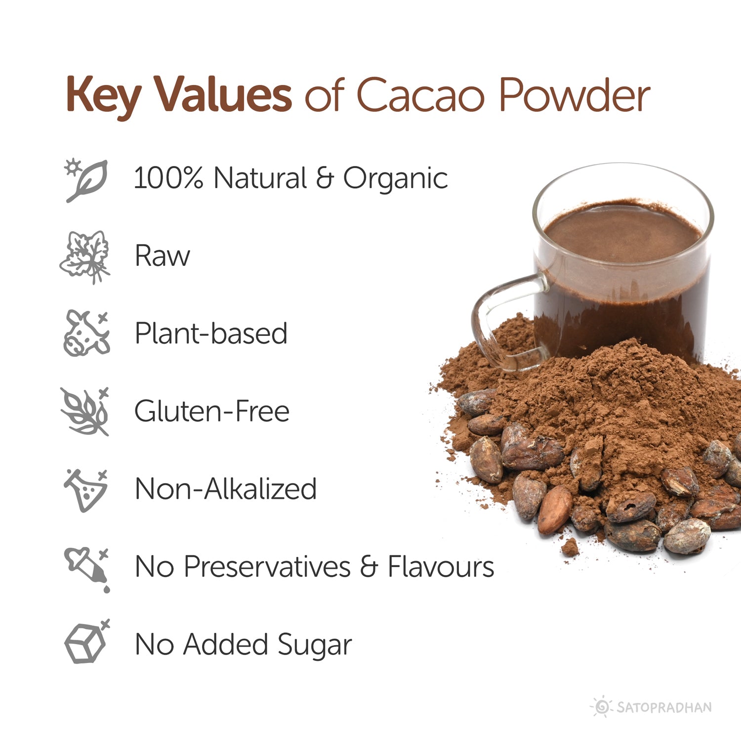 Cacao powder with key attributes: organic, raw, plant-based, gluten-free, non-alkalized, free from preservatives, and no added sugar