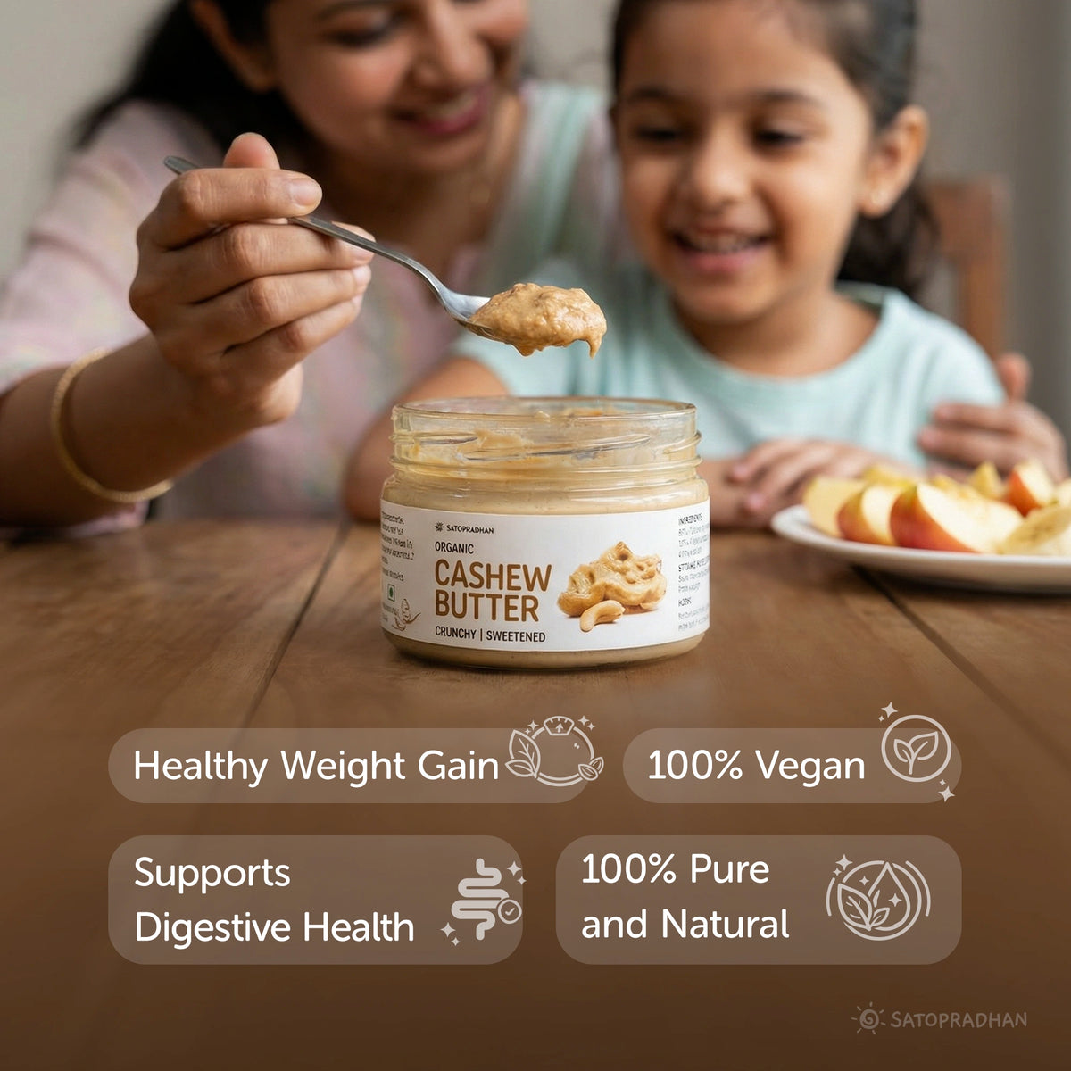 Pure Cashew Nut Butter  200g -  Organic, Mildly Sweetened, Smooth & Crunchy - No Refined Sugar, Gluten-Free, Vegan, Keto Friendly, women and child eating butter happily