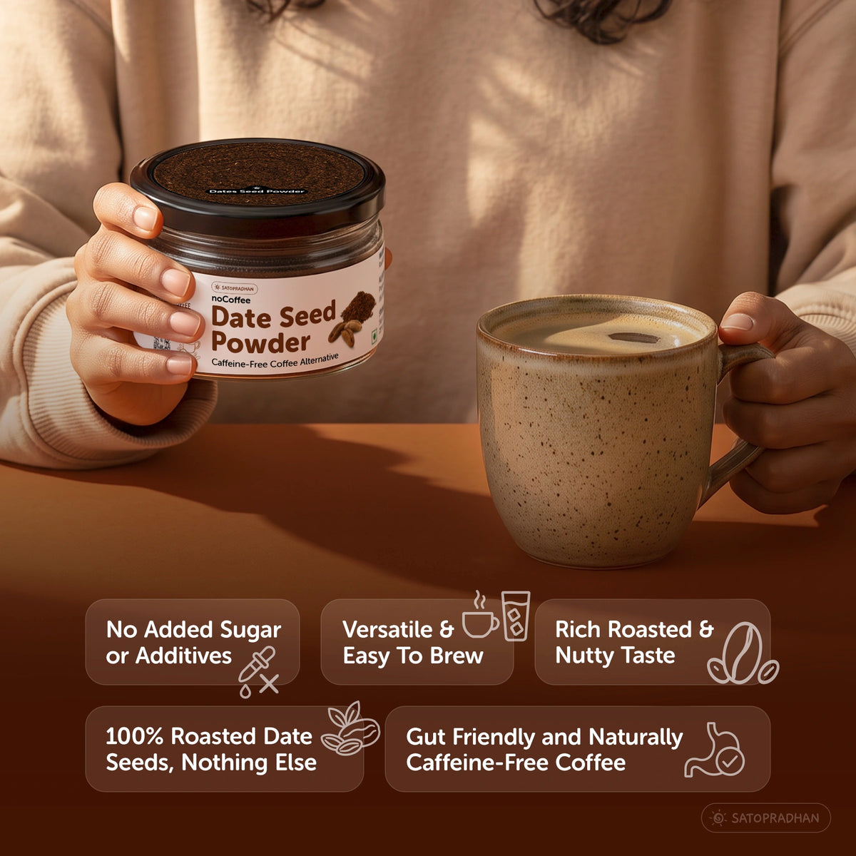 noCoffee Date Seed Powder 100g - Best Caffeine Free Coffee Alternative – Non Acidic Coffee for GERD & IBS – Organic, Gut Friendly, Plant-Based Coffee Substitute – Coarsely Ground