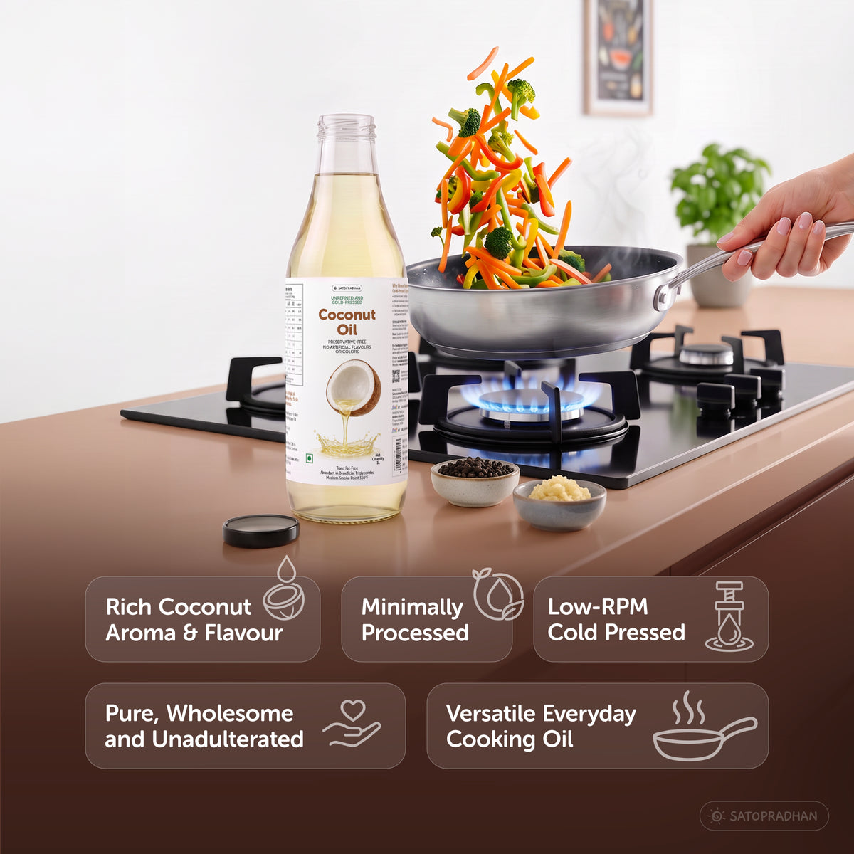 Coconut Oil - Wooden Cold-pressed- Choose from 1000ml or 500ml Multipurpose Oil Without Chemicals in a Reusable Glass Bottle (Kachi Ghani)