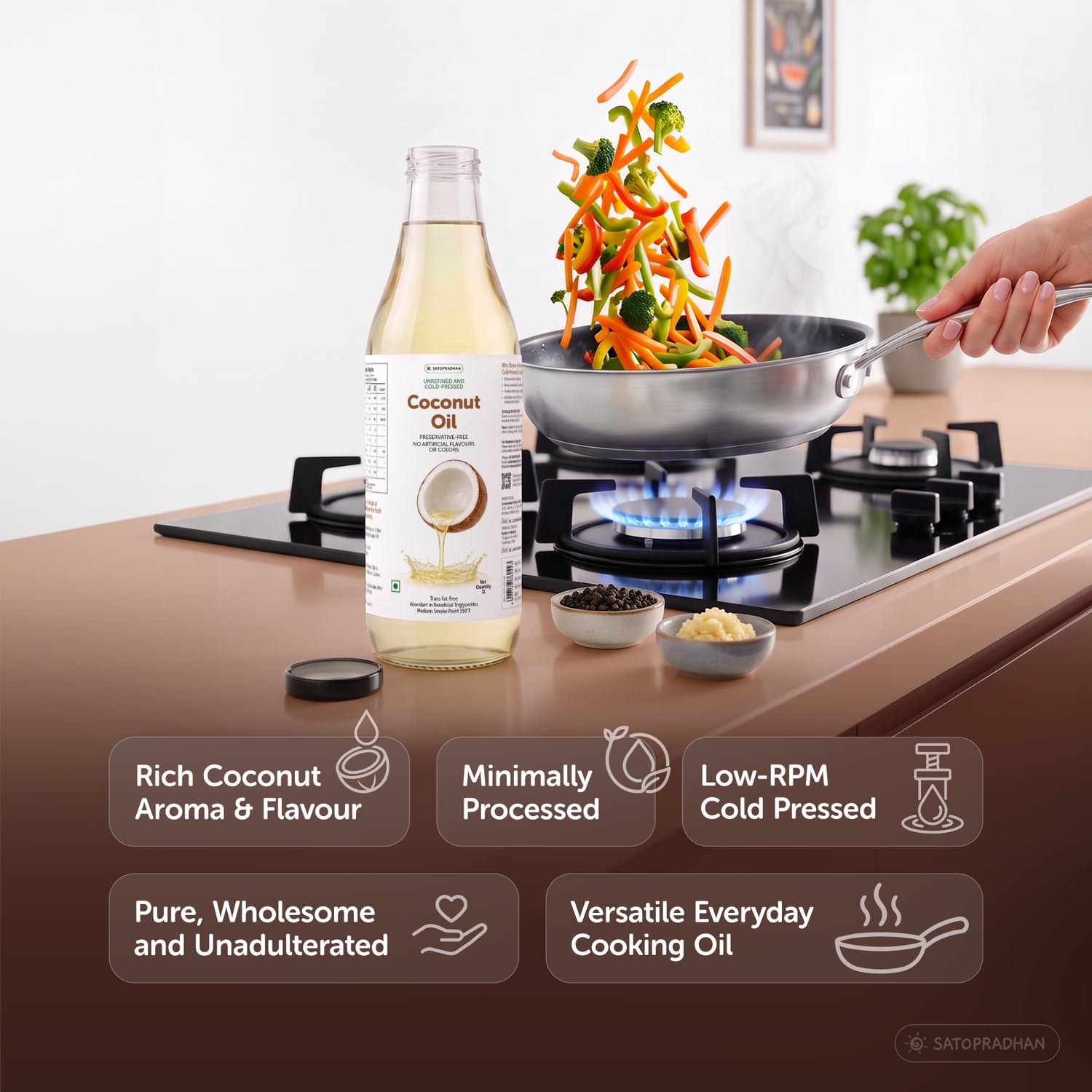 Coconut Oil - Wooden Cold-pressed- Choose from 1000ml or 500ml Multipurpose Oil Without Chemicals in a Reusable Glass Bottle (Kachi Ghani)