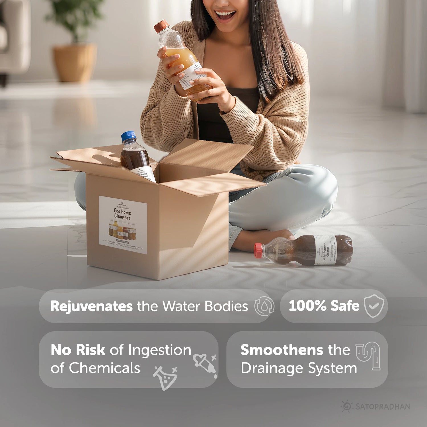 Eco Home Cleaners Trial Pack - 6 Bio Enzyme Based Natural Cleaners Free of Harmful Chemicals in Upcycled Plastic Bottles of 250ml, Main Features