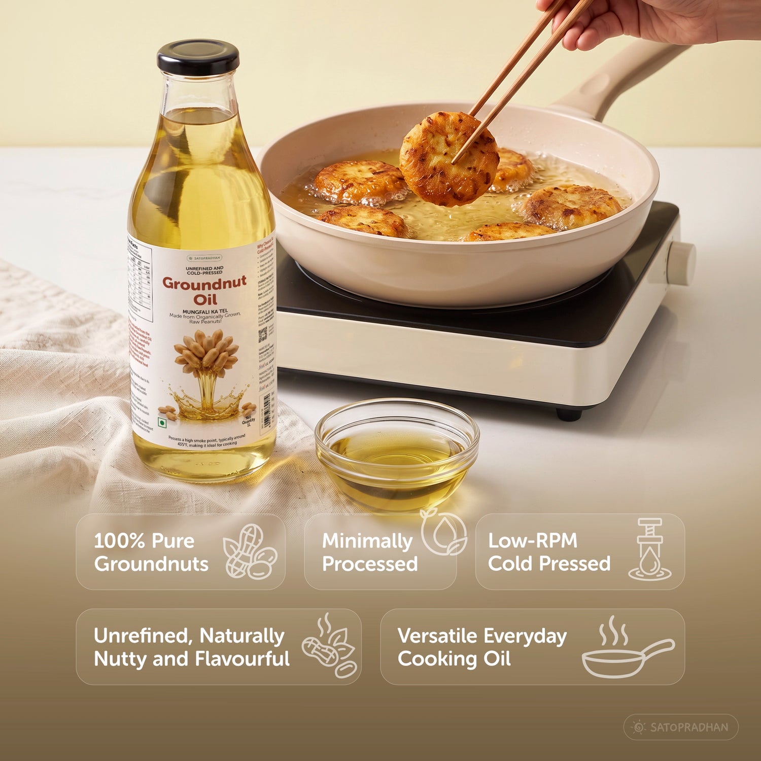 Organic Groundnut/Peanut Oil - Mungfali Ka Tel 1000 ml - Pure, Unrefined, Single-Filtered, Virgin & Wooden Cold-pressed | No Preservatives | Packed in a Reusable Glass Bottle | Kacchi Ghani