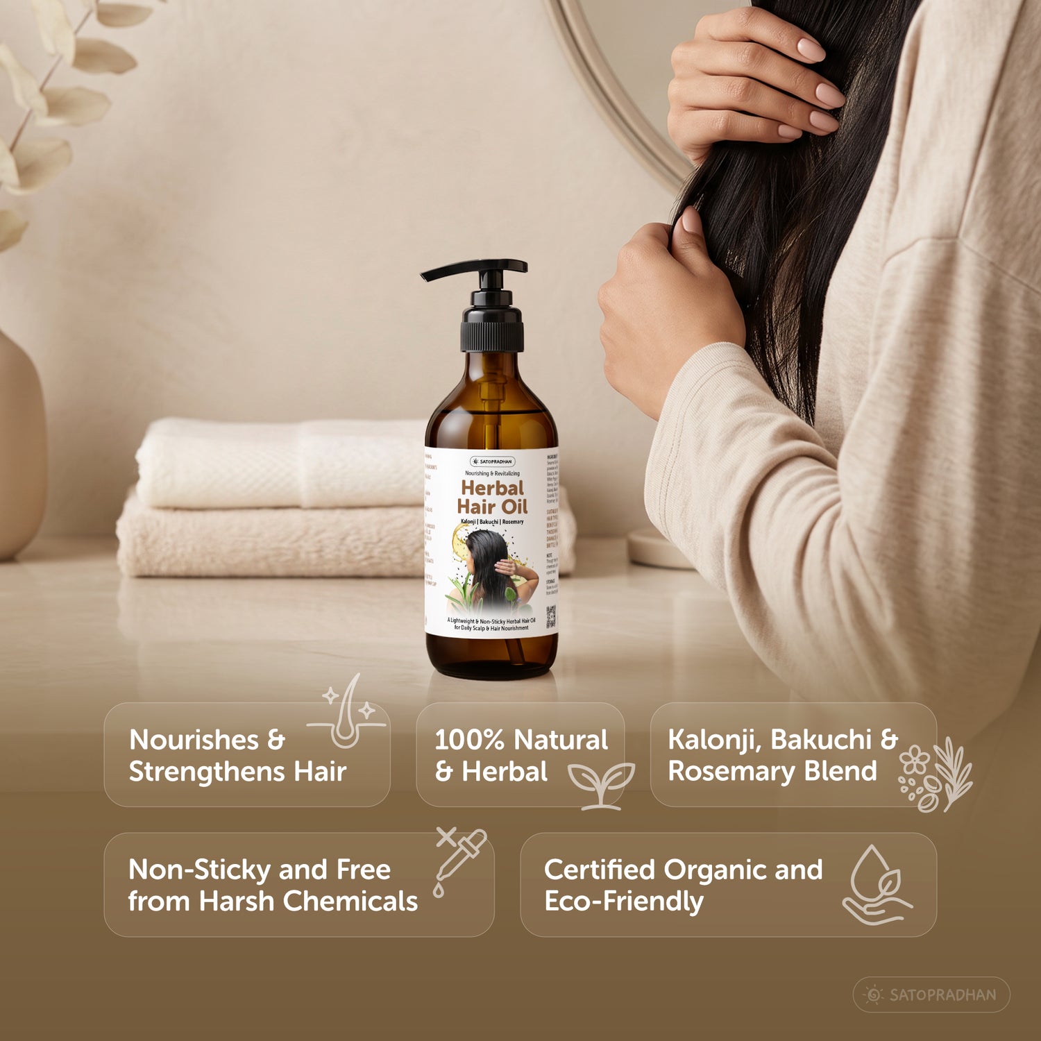 Herbal Hair Oil 200ml - Bakuchi, Kalonji & Rosemary Oil For Hair Growth & Thickness - Supports Hairfall Control & Scalp Health - Non-Sticky Oil - Plant-Based & Eco-friendly Hair Oil for Dry, Wavy & Curly Hair