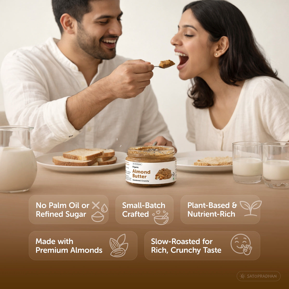 Organic Almond Butter Crunchy 200g - Sweetened with Jaggery - No Palm Oil - Roasted Almond Spread