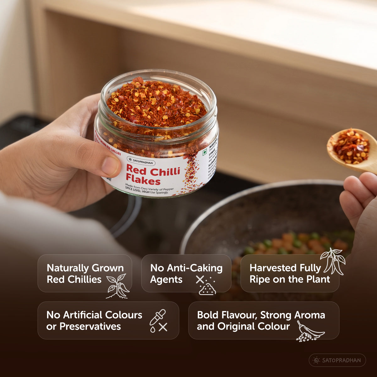Main Features - Naturally grown, bold string aroma and original colour, no artificial colours and preservatives, Premium Red Chilli Flakes 50g - Crushed Red Pepper Flakes