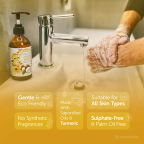 Gentle and eco-friendly handwash made with turmeric and saponified oils, free from synthetic fragrances, suitable for all skin types, sulphate-free, and palm oil-free.