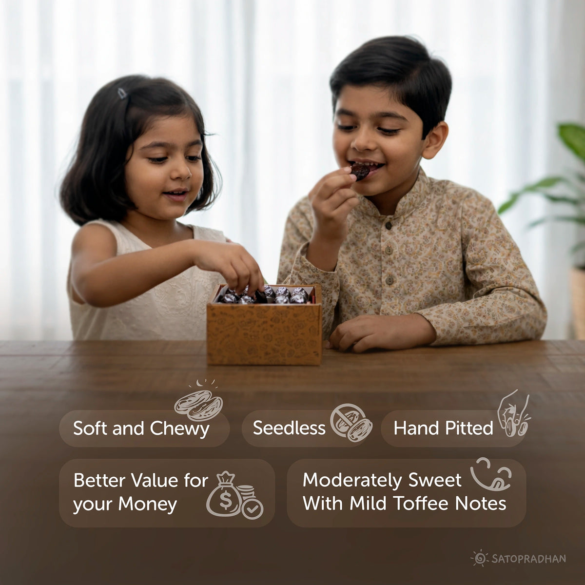 Seedless Safawi Dates 800g - Premium Organic Saudi Arabian Dates - Natural Black Khajoor - No Added Sugar or Preservatives - Pitted Safawi Dates, main features, child eating, happy