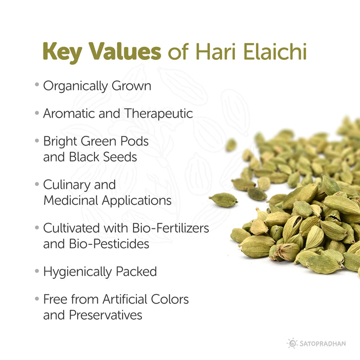Key Values: Organically Grown, Aromatic and Therapeutic, Bright Green Pods and Black Seeds, Culinary and Medicinal Applications, Cultivated with Bio-Fertilizers and Bio-Pesticides, Hygienically Packed, Free from Artificial Colors and Preservatives