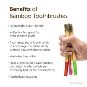 Toothbrushes - Set of 4 with Bamboo Handles & Biodegradable Bristles - Colored markings for easier identification