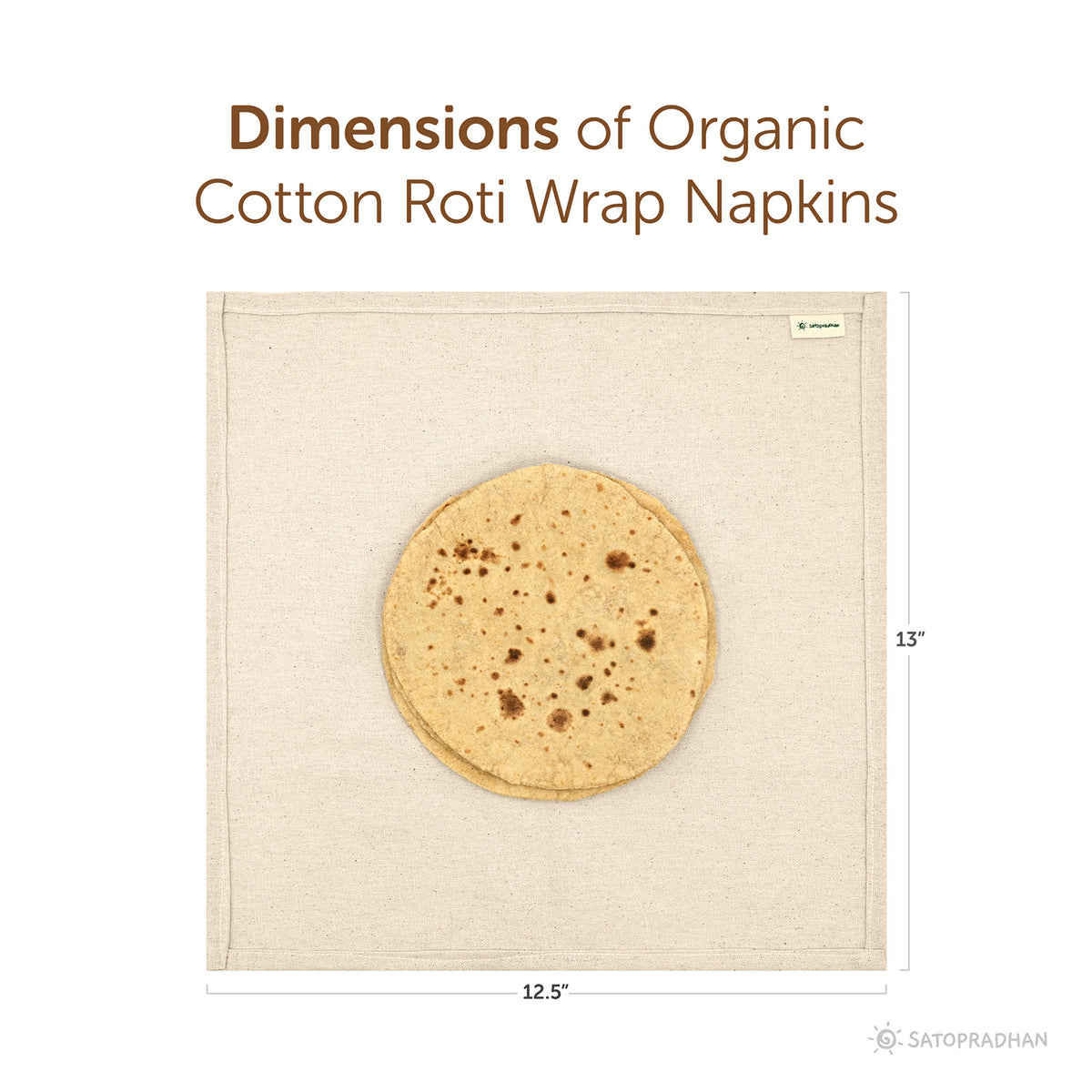Roti Wrap Cloth dimensions: 13” x 12.5” organic cotton, ideal for covering chapatis and rotis