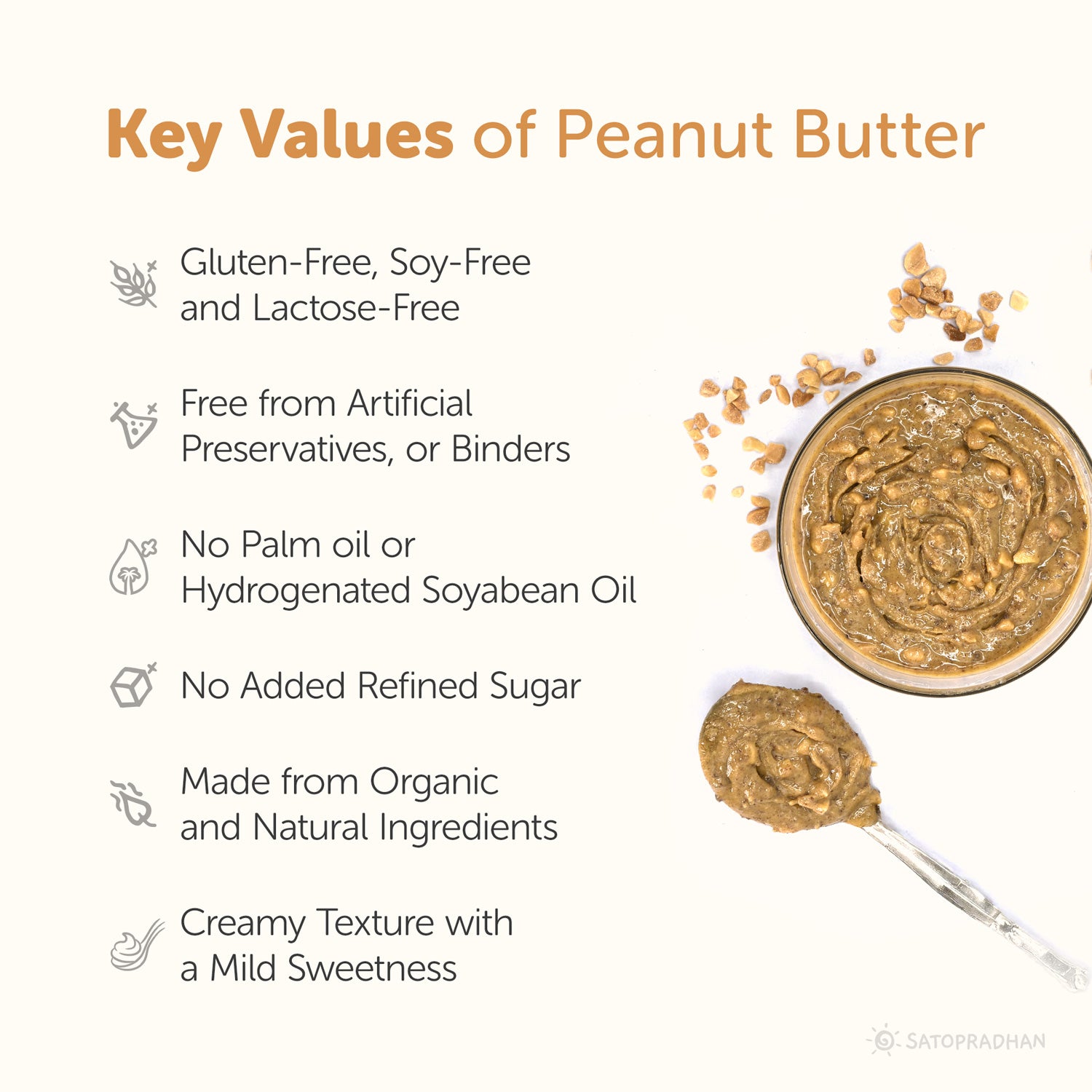 Key values of organic mildly sweetened peanut butter: Organic, gluten-free, soy-free, dairy-free, no artificial preservatives, no hydrogenated oil, and vegan-friendly