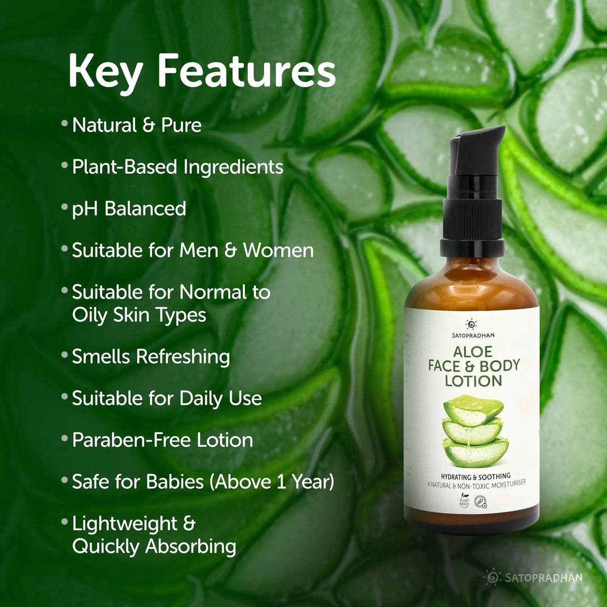 Aloe vera lotion bottle with key features listed on a green leaf background, natural, pure, ph balanced, suitable for daily use, safe for babies