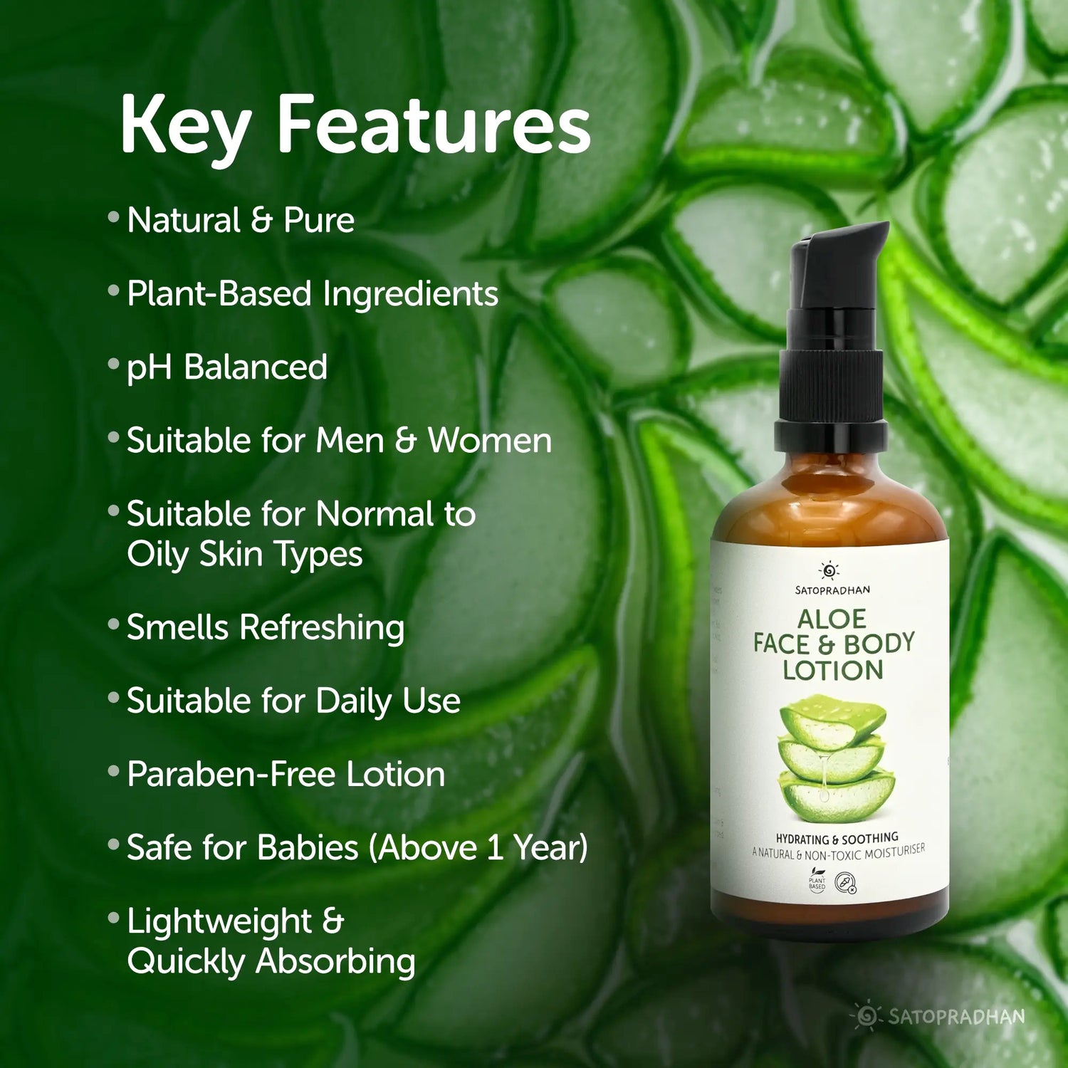 Aloe vera lotion bottle with key features listed on a green leaf background, natural, pure, ph balanced, suitable for daily use, safe for babies