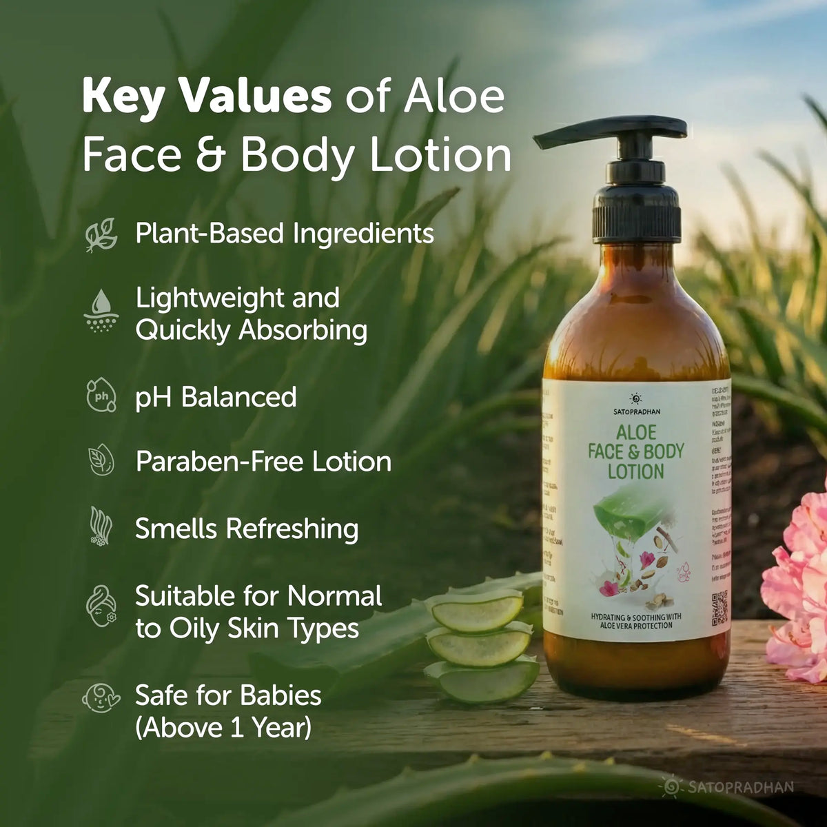 Aloe vera lotion bottle with key features listed on a green leaf background, natural, pure, ph balanced, suitable for daily use, safe for babies