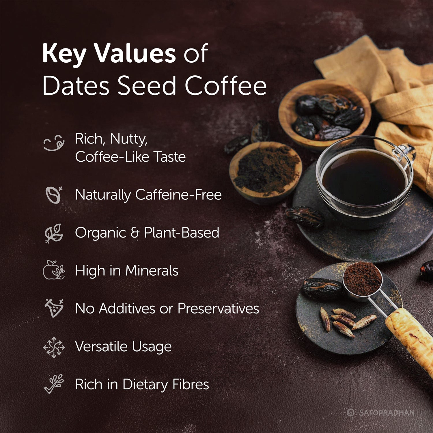 Promotional graphic for dates seed coffee with a cup of coffee, dates, and a spoon on a dark background.