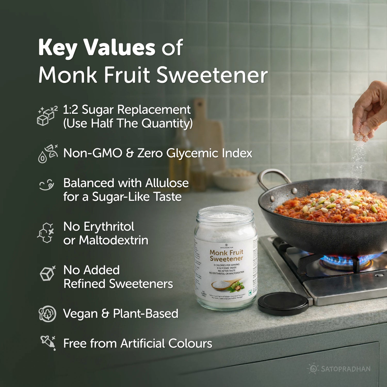 Monk Fruit Sweetener Powder with Allulose 450g - Plant-Based Sugar Substitute - Keto & Diabetic-Friendly - 1:2 Sugar Replacer, Key Values, Main Points, usage, Using