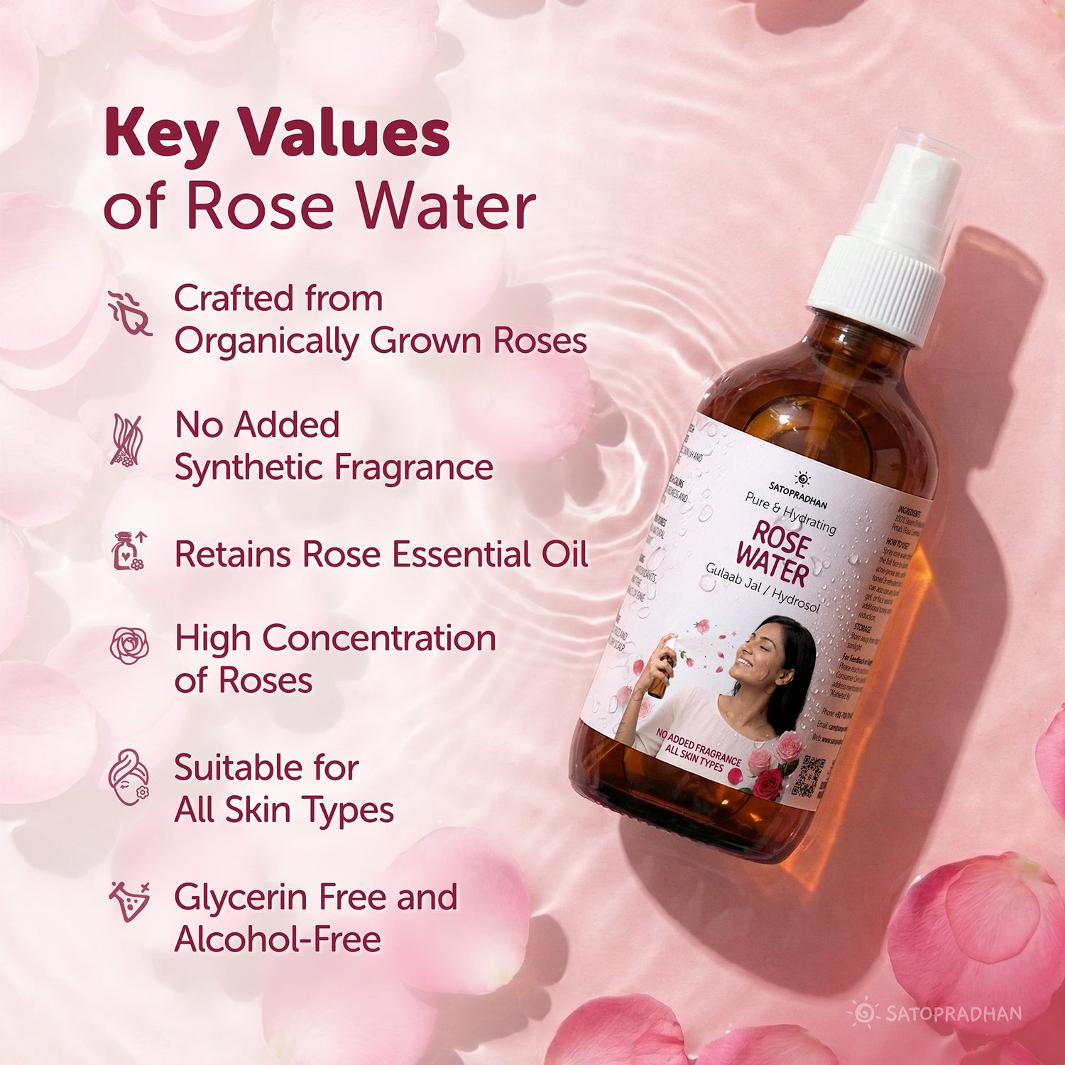 Pure Rose Water (Hydrosol) 200ml - Organic Rose Floral Water for Pore Reduction, Toning & Hydration - Facial Tonic Mist - Steam Distilled Rose Water Spray, Key Values, Main Features