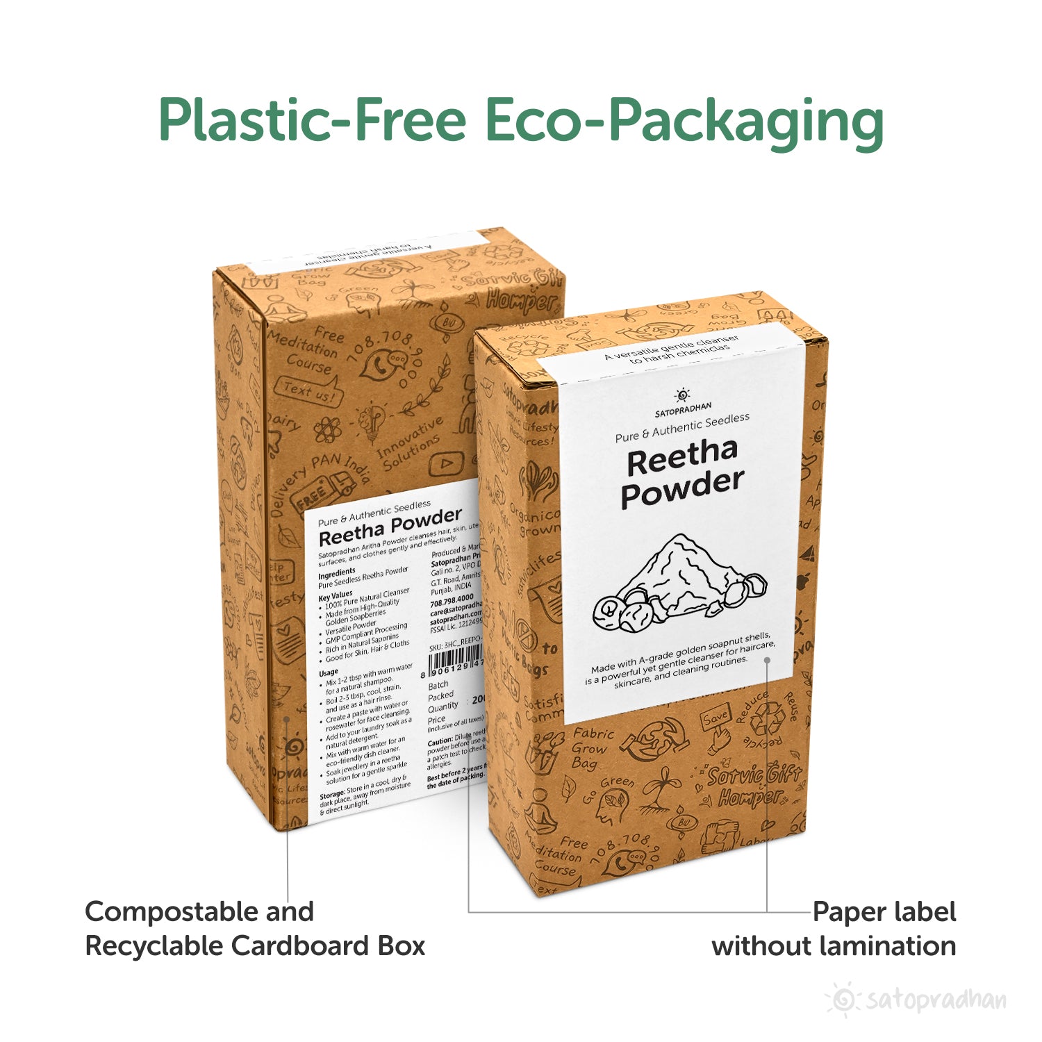 Plastic-free eco-friendly packaging for Organic Reetha Powder, made with biodegradable materials to promote sustainability and reduce environmental impact