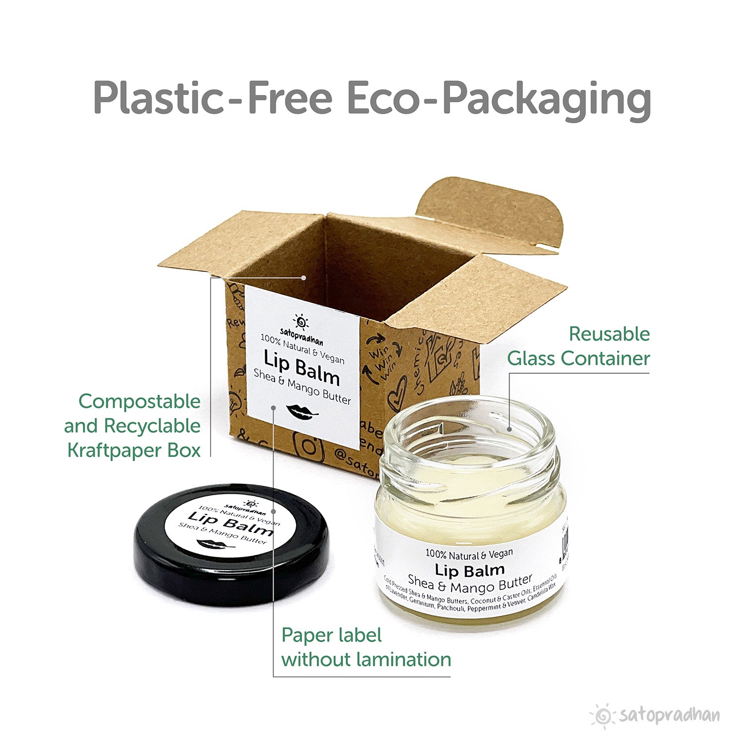 Lip balm added in a small reusable glass jar, packed in compostable eco-friendly outer box