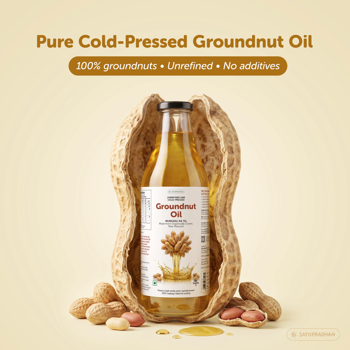 Organic Groundnut/Peanut Oil - Mungfali Ka Tel 1000 ml - Pure, Unrefined, Single-Filtered, Virgin & Wooden Cold-pressed | No Preservatives | Packed in a Reusable Glass Bottle | Kacchi Ghani