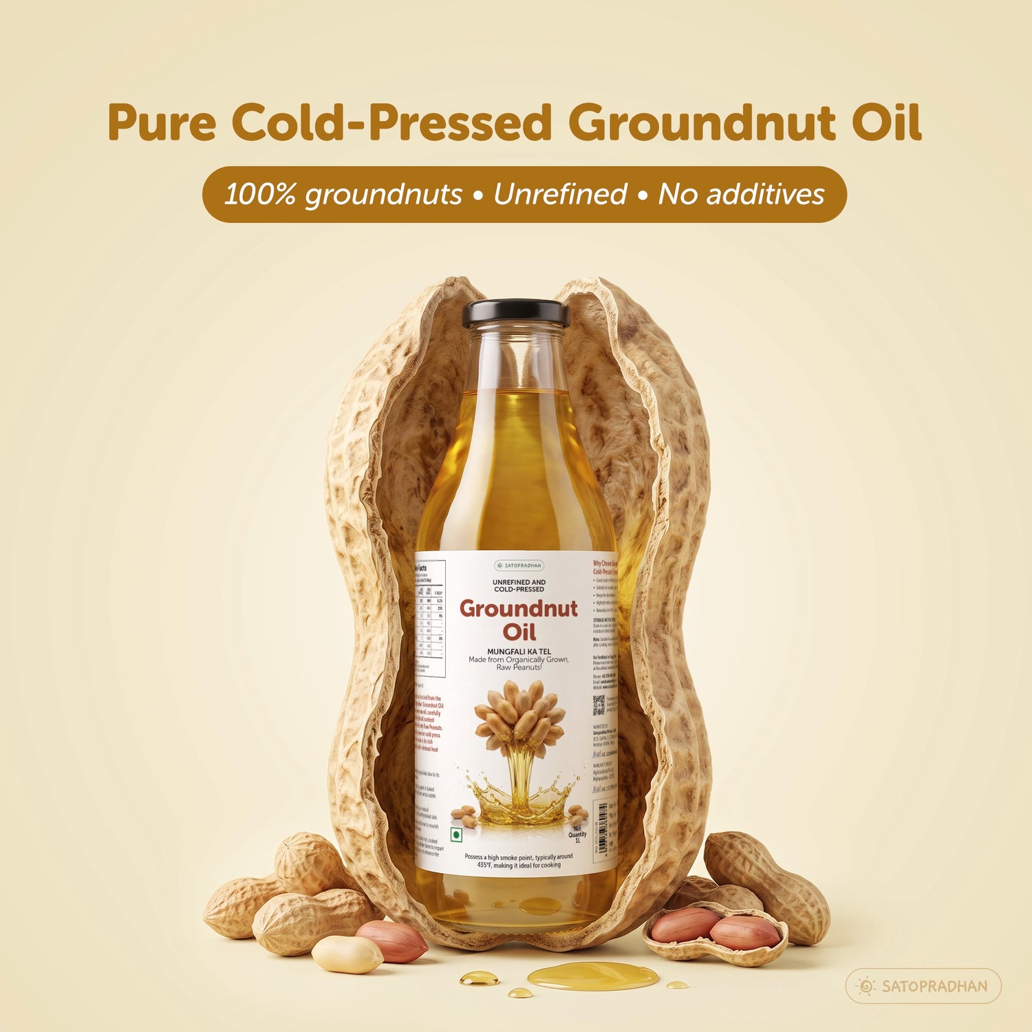 Organic Groundnut/Peanut Oil - Mungfali Ka Tel 1000 ml - Pure, Unrefined, Single-Filtered, Virgin & Wooden Cold-pressed | No Preservatives | Packed in a Reusable Glass Bottle | Kacchi Ghani