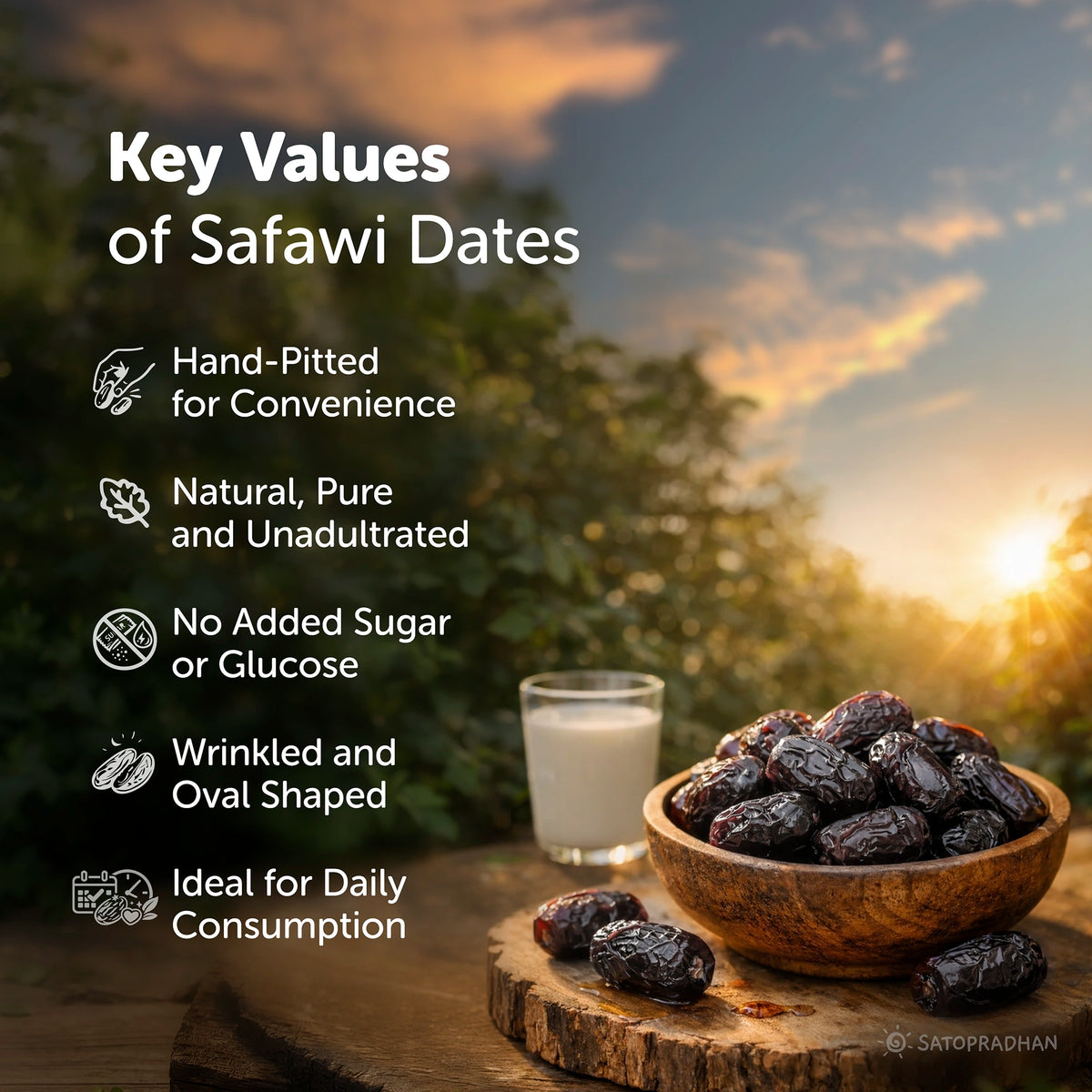 Seedless Safawi Dates 800g - Premium Organic Saudi Arabian Dates - Natural Black Khajoor - No Added Sugar or Preservatives - Pitted Safawi Dates, Key Values, Main Features, Benefits