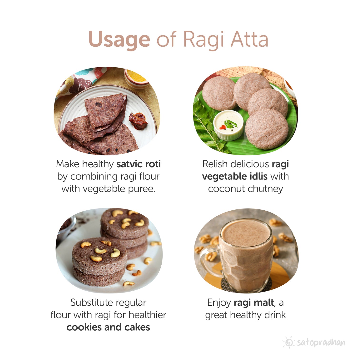 Use to make roti, vegetable idlis, cookies, cakes, ragi malt