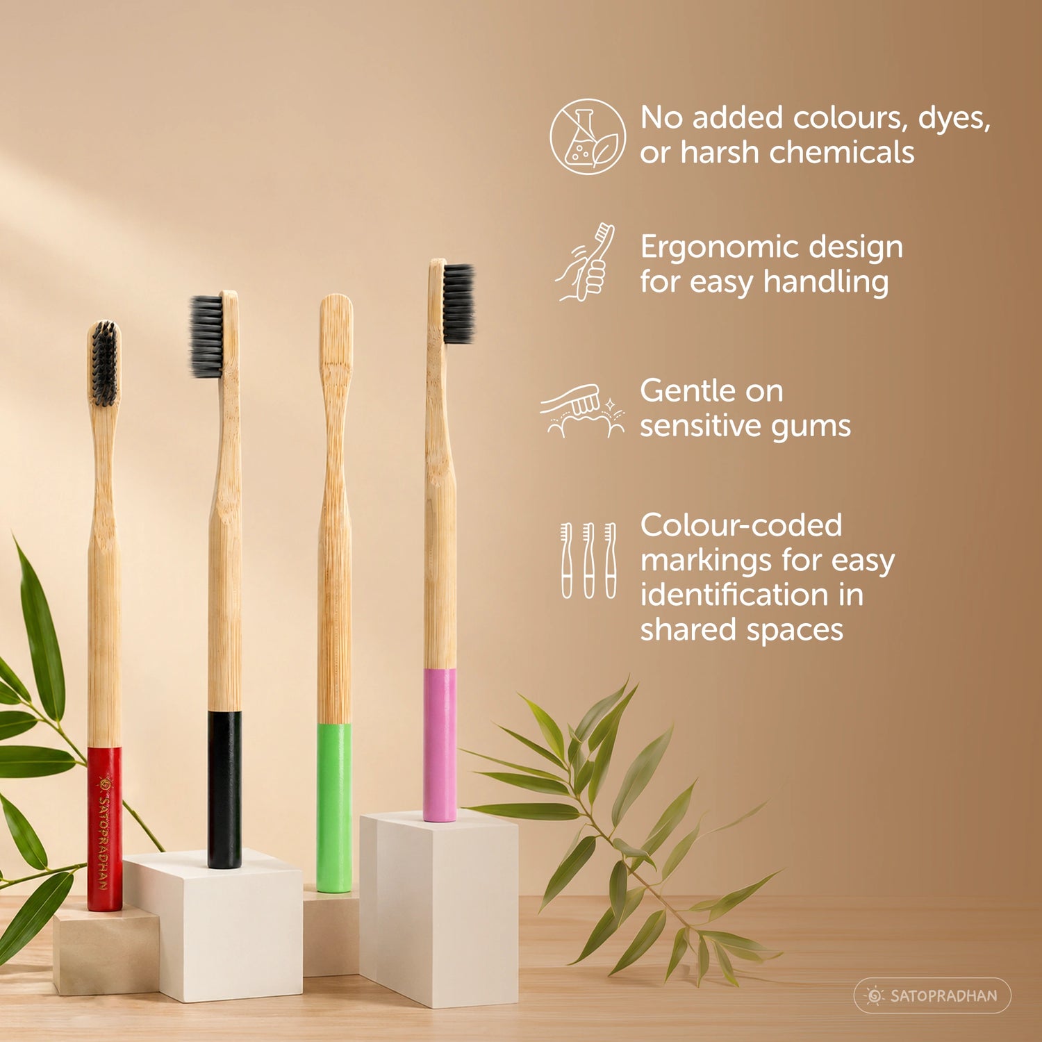 Eco-Friendly Bamboo Toothbrushes - Set of 4 - BPA-Free - Soft Bristles