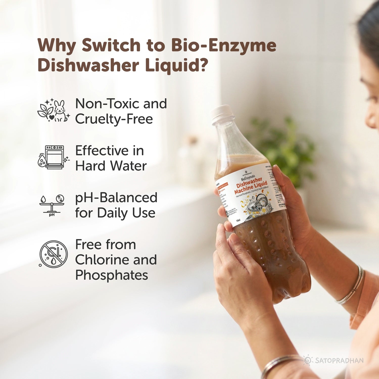 Person holding a bottle of bio-enzyme dishwasher liquid with features listed on the left.