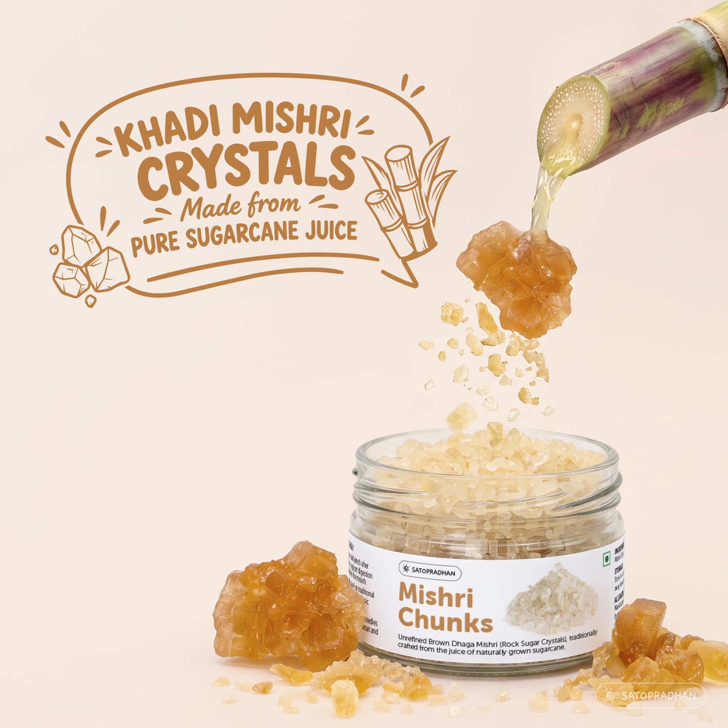 Khadi Mishri Crystals Made From Pure Sugarcane Juice | Brown Dhaga Mishri Chunks 150g – Rock Sugar Crystals - Unrefined, Chemical-Free Sweetener