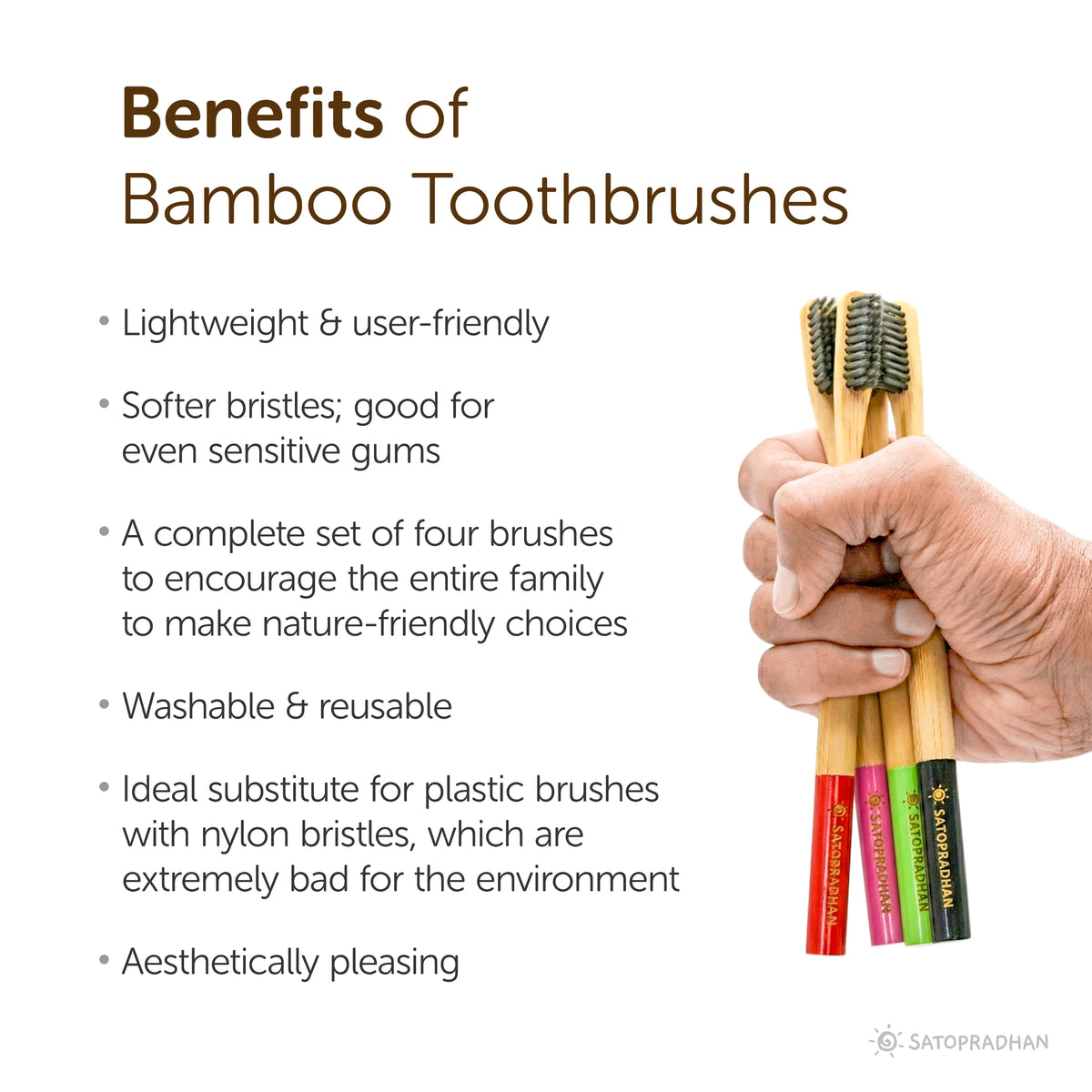 Toothbrushes - Set of 4 with Bamboo Handles & Biodegradable Bristles - Colored markings for easier identification