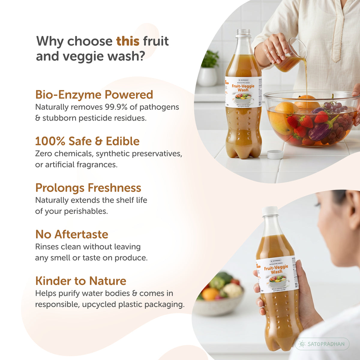 Natural Fruit & Vegetable Wash 750ml/1.9L - Bioenzyme-Based Produce Cleaner - Chemical-Free Vegetable Wash Liquid Cleaner