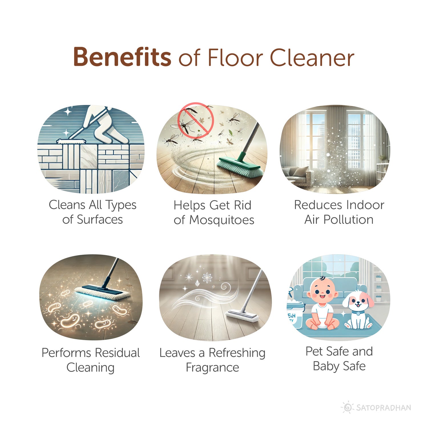 clean all types of surfaces, helps get of mosquitoes, reduces indoor flours, performs residual cleaning, leaves a refreshing fragrance, pet safe and baby safe