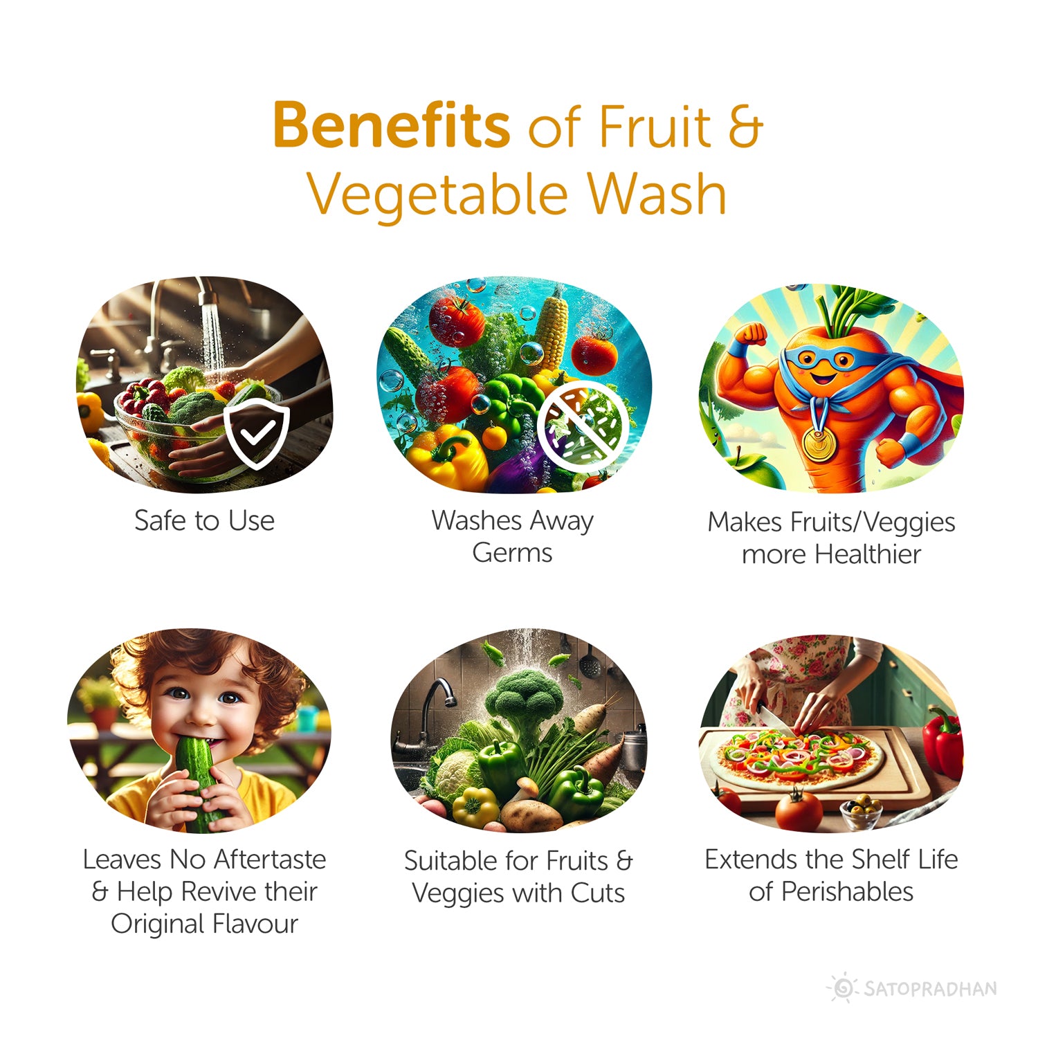 safe to use, washes away germs, makes fruit and veggies more healthier, leaves no aftertaste, suitable for fruits, veggies and cuts, extends the shelf life