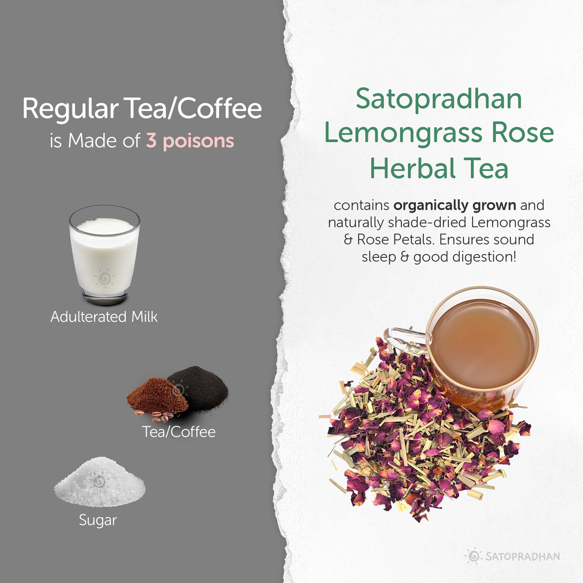 Comparison between regular tea or coffee with adulterated milk, sugar, and caffeine versus lemongrass rose Tea made from organically grown lemongrass and rose petals; a natural remedy for cough, stress, and tiredness