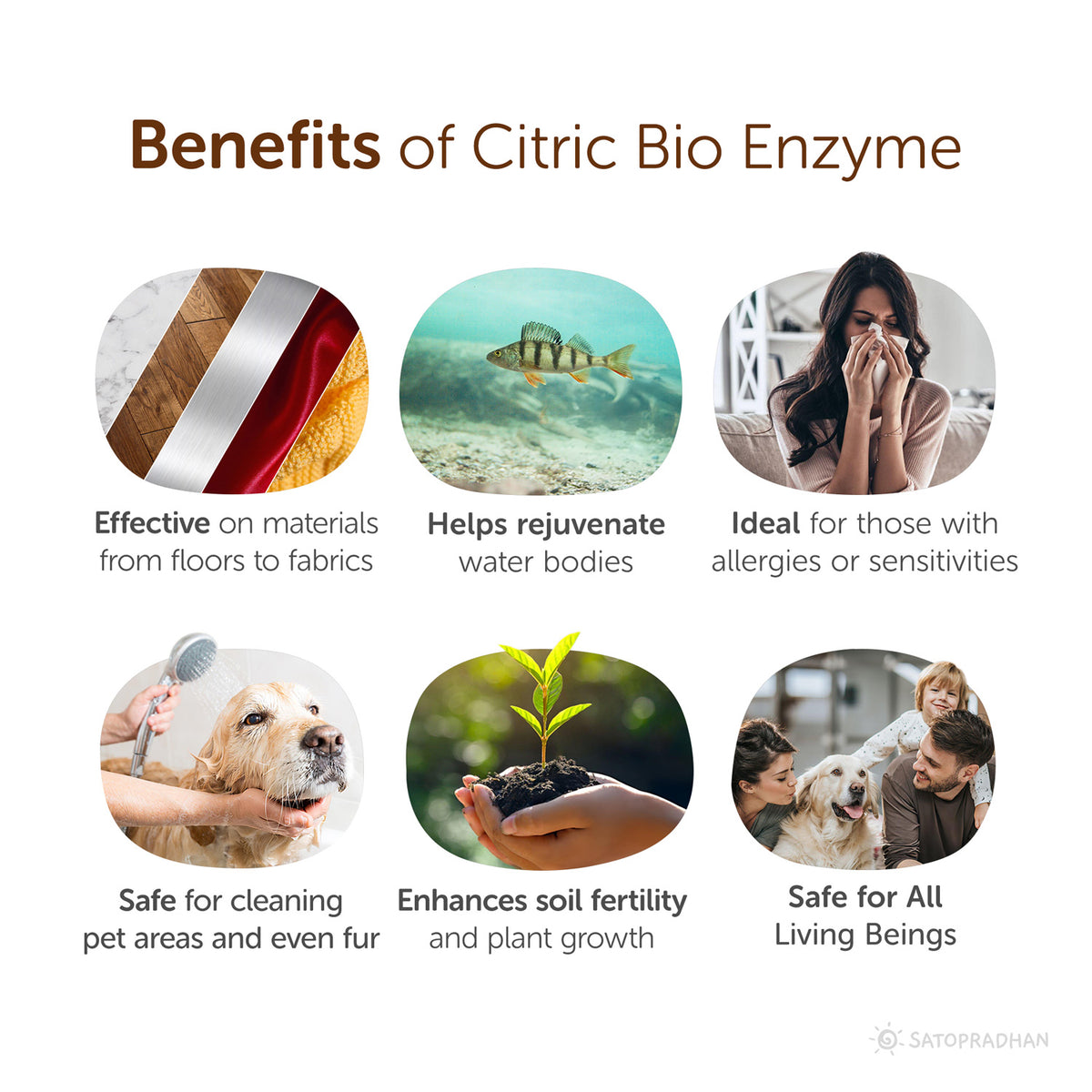 Effective on materials
from floors to fabrics, Helps rejuvenate
water bodies, Ideal for those with
Ilergies or sensitivities, Safe for cleaning
pet areas and even fur, Enhances soil fertility
and plant growth, Safe for All
Living Beings