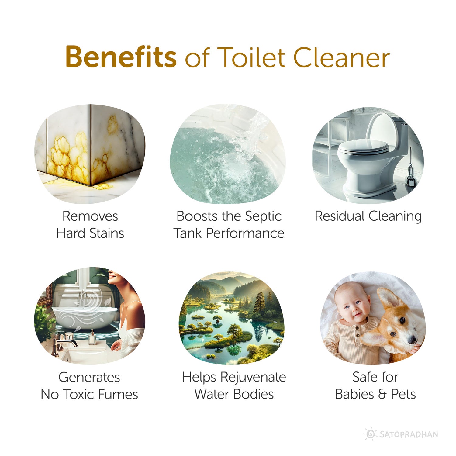 removes hard stains, boosts the septic tank performance, residual cleaning, generates no toxic fumes, helps rejuvenate water bodies, safe for babies and pets