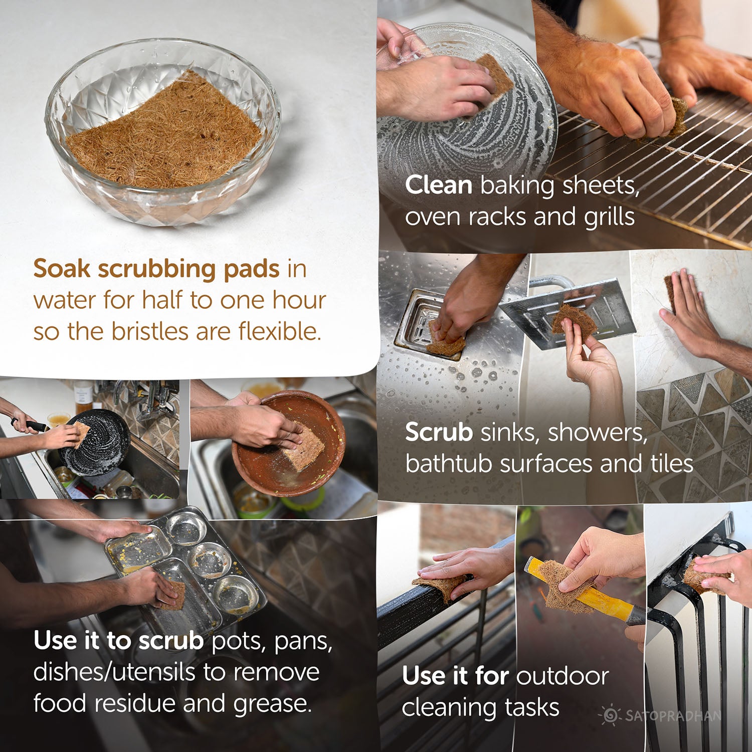Usage of Coconut Coir Scrubbing Pads: soak for flexibility, scrub pots and pans, clean grills, sinks, showers, and suitable for outdoor cleaning