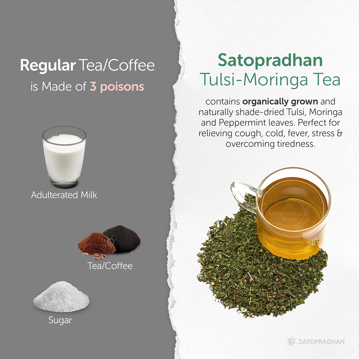 Comparison between regular tea or coffee with adulterated milk, sugar, and caffeine versus Satopradhan Tulsi-Moringa Tea made from organically grown Tulsi, Moringa, and Peppermint leaves; a natural remedy for cough, stress, and tiredness