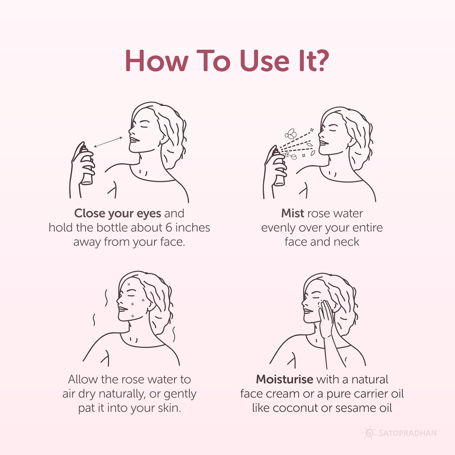 How to use pure rose water: close your eyes, mist evenly on face, allow it to dry, and moisturize with natural face cream