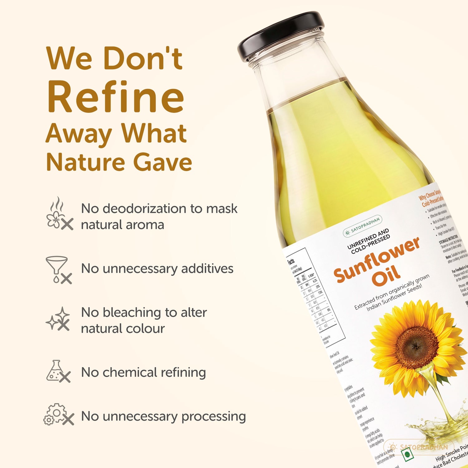 Organic Sunflower Oil 1000ml - Pure, Unrefined, Single-Filtered, Virgin & Wooden Cold-Pressed (Kacchi Ghani) Without Preservatives | Reusable Glass Bottle